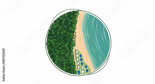 Aerial view of a forest meeting a sandy beach with the ocean and coastal dwellings