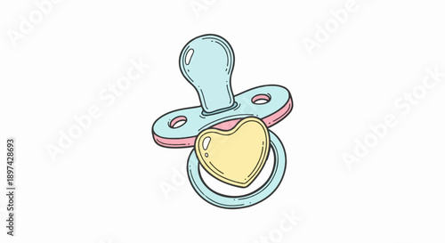 A cute blue and yellow pacifier with a pink heart-shaped guard