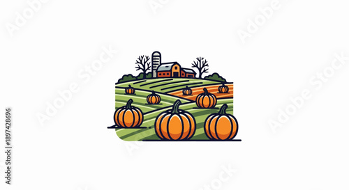 A charming illustration depicts a bountiful pumpkin patch on a rolling farm