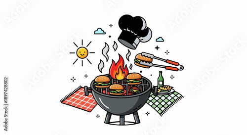 Animated burgers grilling on a sunny day with chef's hat and tongs