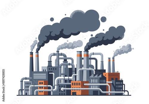 Industrial factory with smoking chimneys, symbolizing pollution and manufacturing processes in a modern city