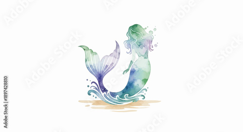 Watercolor mermaid with flowing hair and a scaled tail emerges from wavy waters onto sandy shores