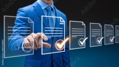 Businessman approving documents with digital interface