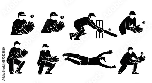 Silhouette illustrations depicting various cricket playing positions and actions