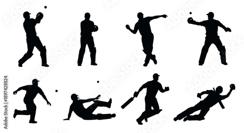 Silhouettes depicting a sequence of athletic movements likely cricket or baseball