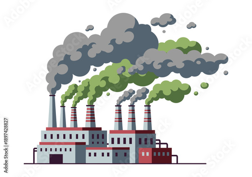 Industrial factory chimneys emitting smoke, illustrating pollution and environmental impact of factories