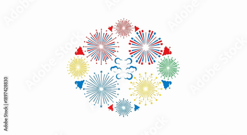 Festive burst of fireworks in circular arrangement, adorned with colorful starbursts