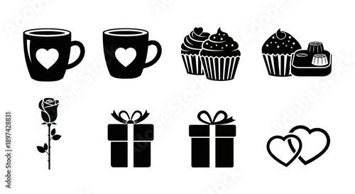 Black and white icons depicting love sweets and gifts
