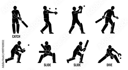 Silhouettes depicting various cricket actions batting bowling fielding and catching