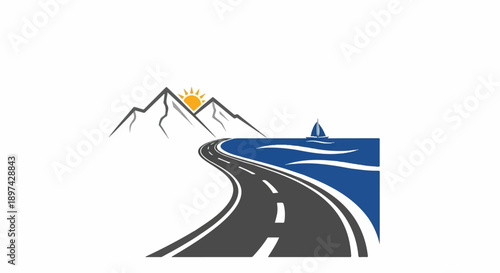 Winding road curves to sea with mountains and sailboat under sun