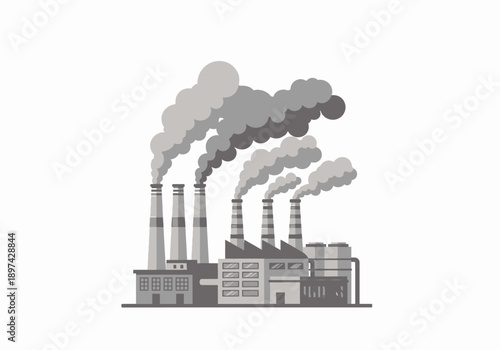 Industrial factory with smoke stacks emitting pollution into the atmosphere, representing environmental concerns