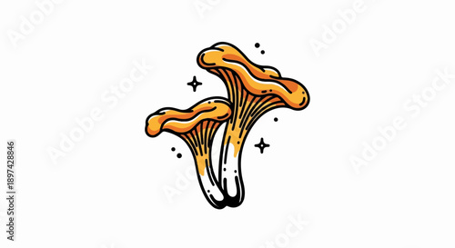 Two stylized golden mushrooms with black outlines and subtle sparkle accents