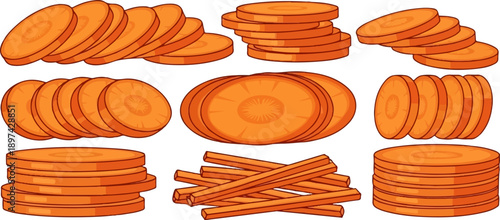 Various arrangements of sliced carrots and carrot sticks, cartoon style
