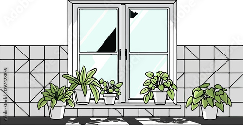 Four potted plants sit on a tiled sill beneath a window with a cracked pane