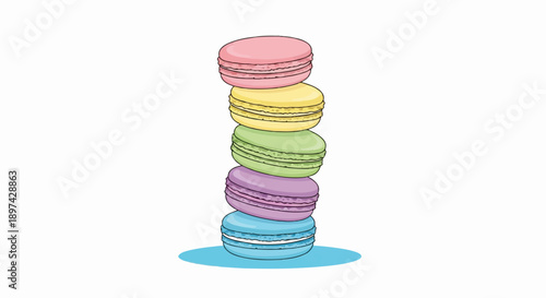 A whimsical tower of five colorful French macarons stacked on a blue circular base