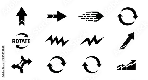 Collection of black arrow and circular rotation icons on a white background