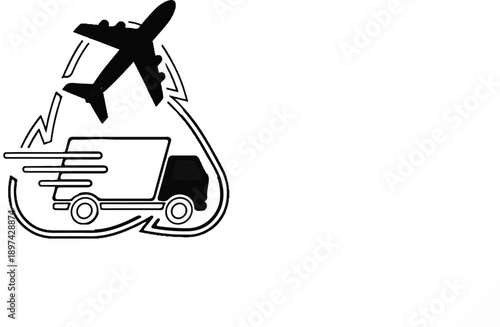 Black and white icon depicting air and road transport as a delivery cycle