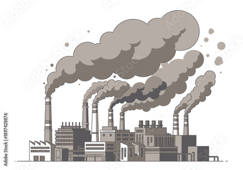 Industrial factory with smoke stacks emitting pollution into the atmosphere, representing industrial emissions
