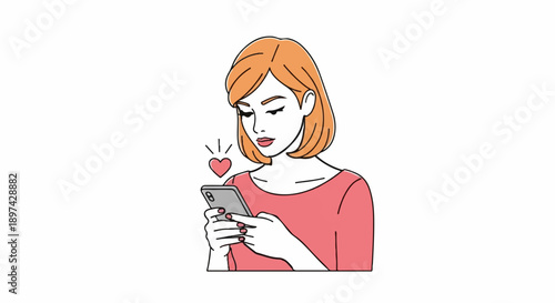 Young woman with orange hair looking at her phone, a heart symbol appears above it