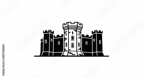 Stylized black and white illustration of a central keep flanked by two smaller turrets
