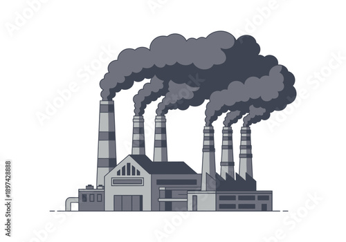 Industrial factory with smoke stacks emitting pollution into the atmosphere, representing environmental impact and industry