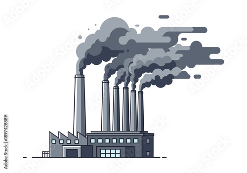 Smokestacks of a factory emitting plumes of grey smoke into the sky, illustrating industrial pollution