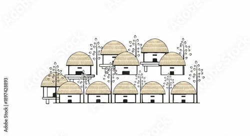 A village scene with thatched-roof huts and stylized trees