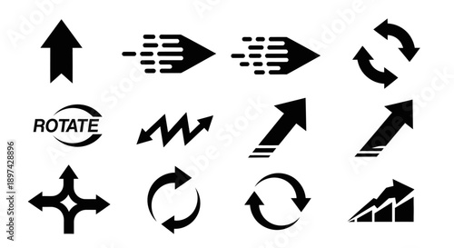 Collection of black arrow and circular rotation icons on a white background