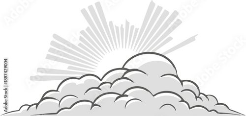 A stylized sun bursts through a fluffy cloud formation, casting radiant rays upwards