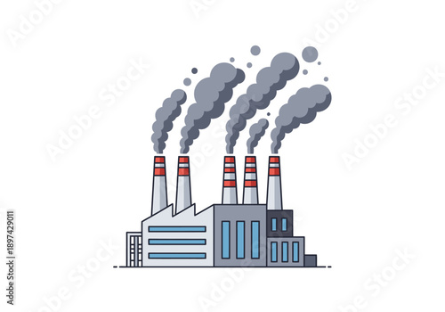 Factory with smoke coming out of chimneys, industrial plant illustration