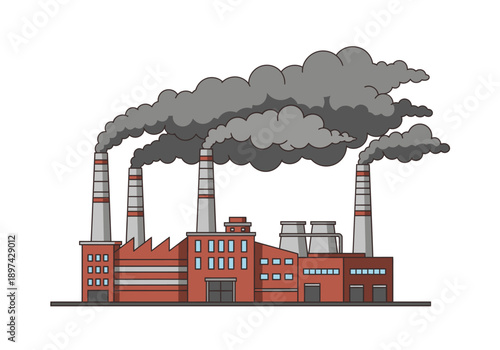 Illustration of an industrial factory with smoke billowing from chimneys, symbolizing production and pollution