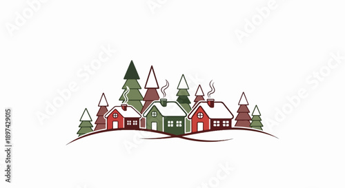 A charming winter village scene with cozy homes and festive trees