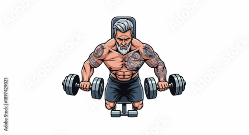 Muscular senior man with tattoos lifting weights on a bench