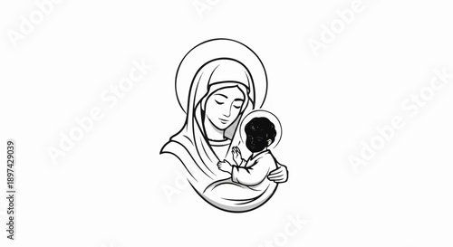 Artistic depiction of a mother and child in a gentle embrace with a halo