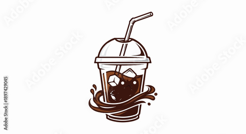 A refreshing iced coffee drink with ice cubes, a straw, and swirling liquid