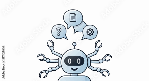 Friendly robot with multiple arms, holding speech bubbles with a question, document, and gear