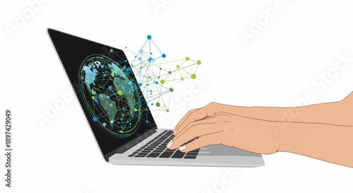 Hands typing on a laptop displaying a glowing digital globe and abstract network connections