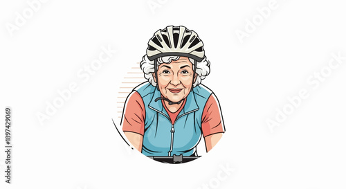 Smiling elderly woman in a blue vest and helmet rides a bicycle, enjoying outdoor activity