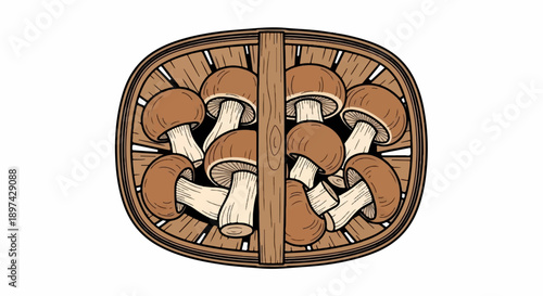 A wooden basket overflowing with brown-capped mushrooms, showcasing their gills and stems
