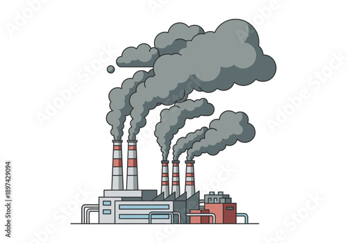 Industrial factory with smoking chimneys polluting the air and contributing to environmental pollution and climate change