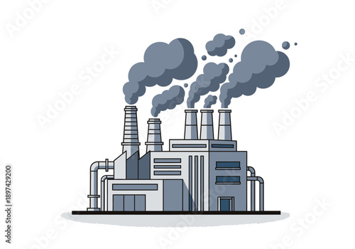 Industrial factory with smoke billowing from smokestacks, representing pollution and manufacturing processes