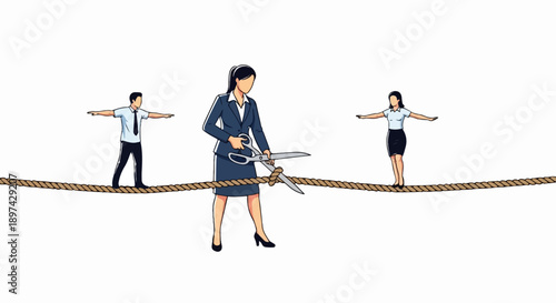 A woman in a suit cuts a tightrope while people balance on it