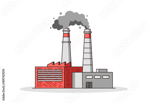 Industrial factory with two chimneys emitting smoke into the atmosphere, representing pollution and manufacturing