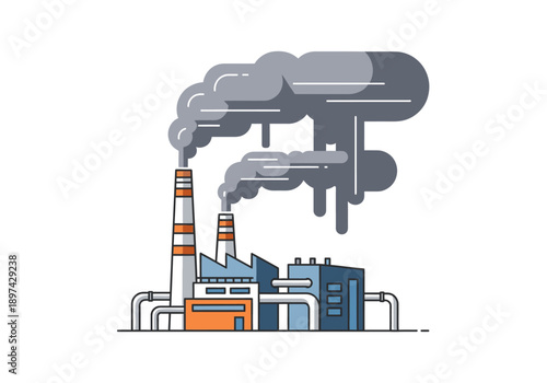 Industrial factory with smoke stacks emitting dark smoke into the sky, representing pollution and environmental impact