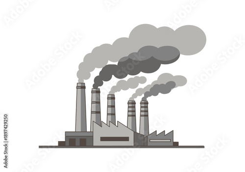 Industrial factory with smoke billowing from chimneys, illustrating pollution and environmental impact