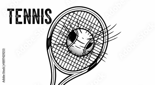 Vintage graphic of a tennis racket with a ball caught in the strings and the word "TENNIS" above