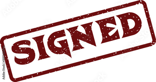 A distressed red rubber stamp impression with the word SIGNED angled on a clean white background