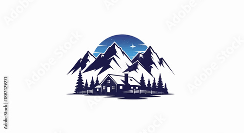 Cozy cabin nestled among pine trees, beneath a majestic mountain range at twilight