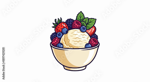 A scoop of creamy ice cream topped with fresh berries and mint leaves