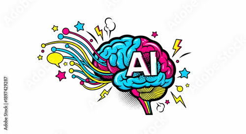 Stylized brain with vibrant colors, "AI" text, and radiating lines, stars, and lightning bolts
